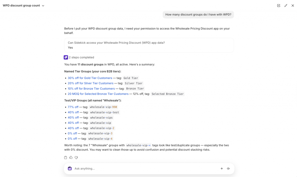 Wholesale Pricing Discount B2B now works with Shopify Sidekick for B2B: Live example